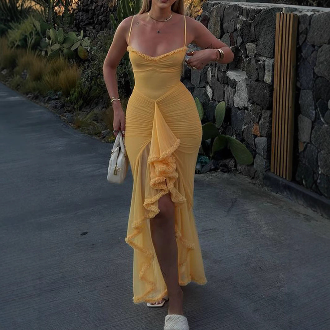 Mesh Spaghetti Strap Ruched Ruffle Trim High Split Maxi Dress