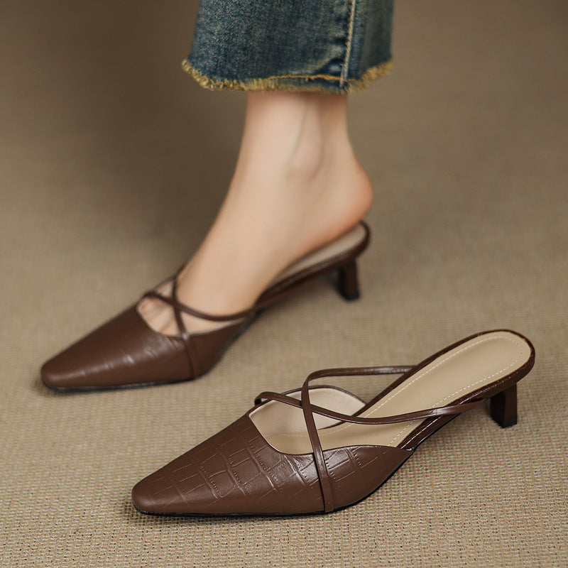 Croc Embossed Pointed Toe Kitten Heel Mules