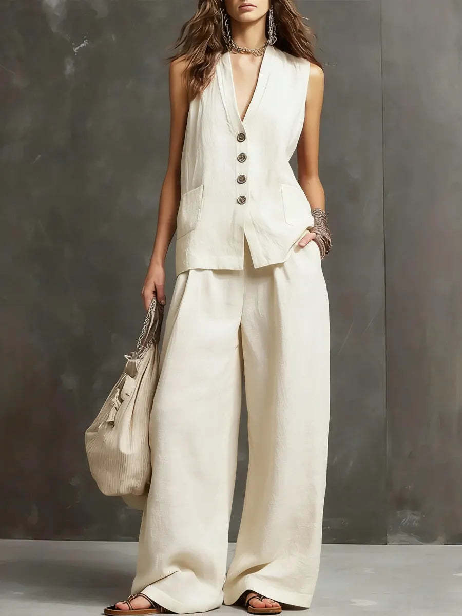 V-Neck Sleeveless Button Vest and Wide Leg Pants Two Piece Set