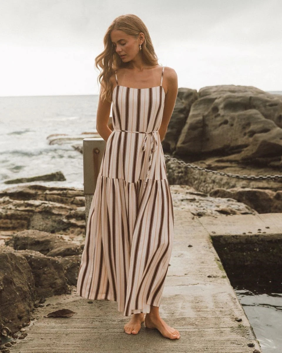 Striped Square Neck Cami Tie Waist Tiered Maxi Dress 2