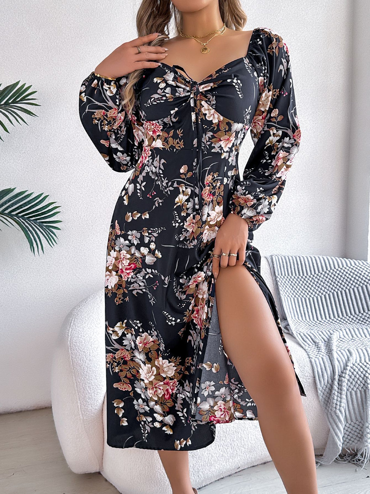 Floral Print Sweetheart Tie Front Long Sleeve Side Split A-Line Midi Dress 3