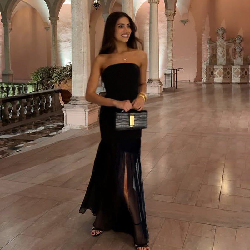 Strapless Ruched Bodycon Mesh Skirt High Split Maxi Dress 3