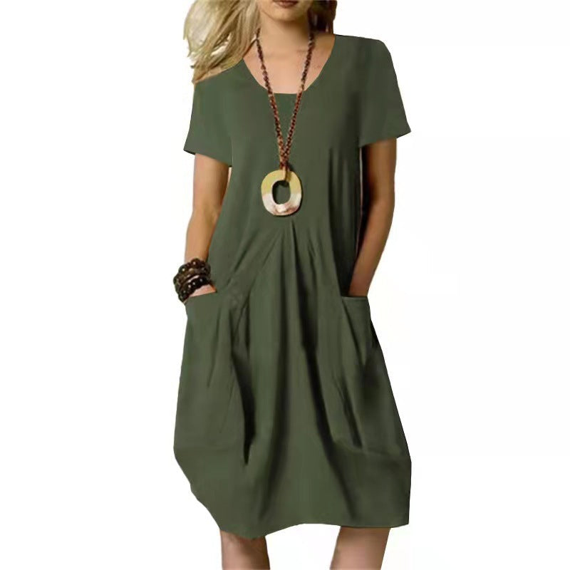 V-Neck Short Sleeve Pocket Loose Cocoon Midi Dress 3