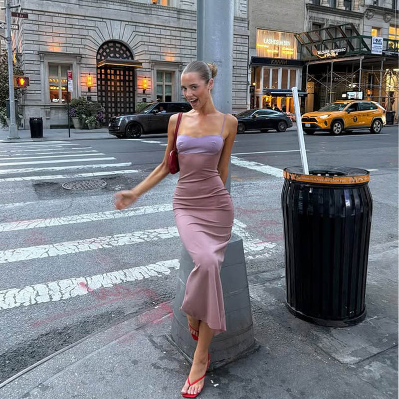 Satin Straight Neck Spaghetti Strap Bodycon Maxi Slip Dress