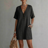 V-Neck Short Sleeve Button Front Shift Mini Dress 6