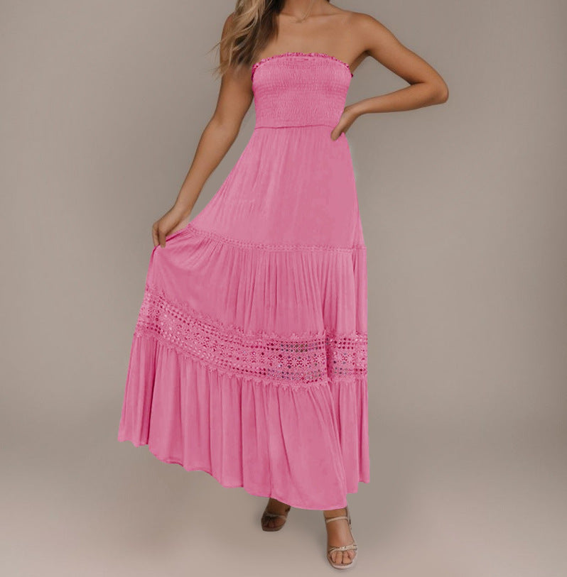 Strapless Smocked Bodice Crochet Lace Insert Tiered Boho Maxi Dress 9