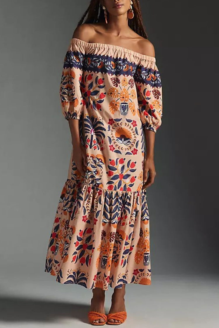 Summer Retro Floral Print Off Shoulder Loose Pockets Dress Women