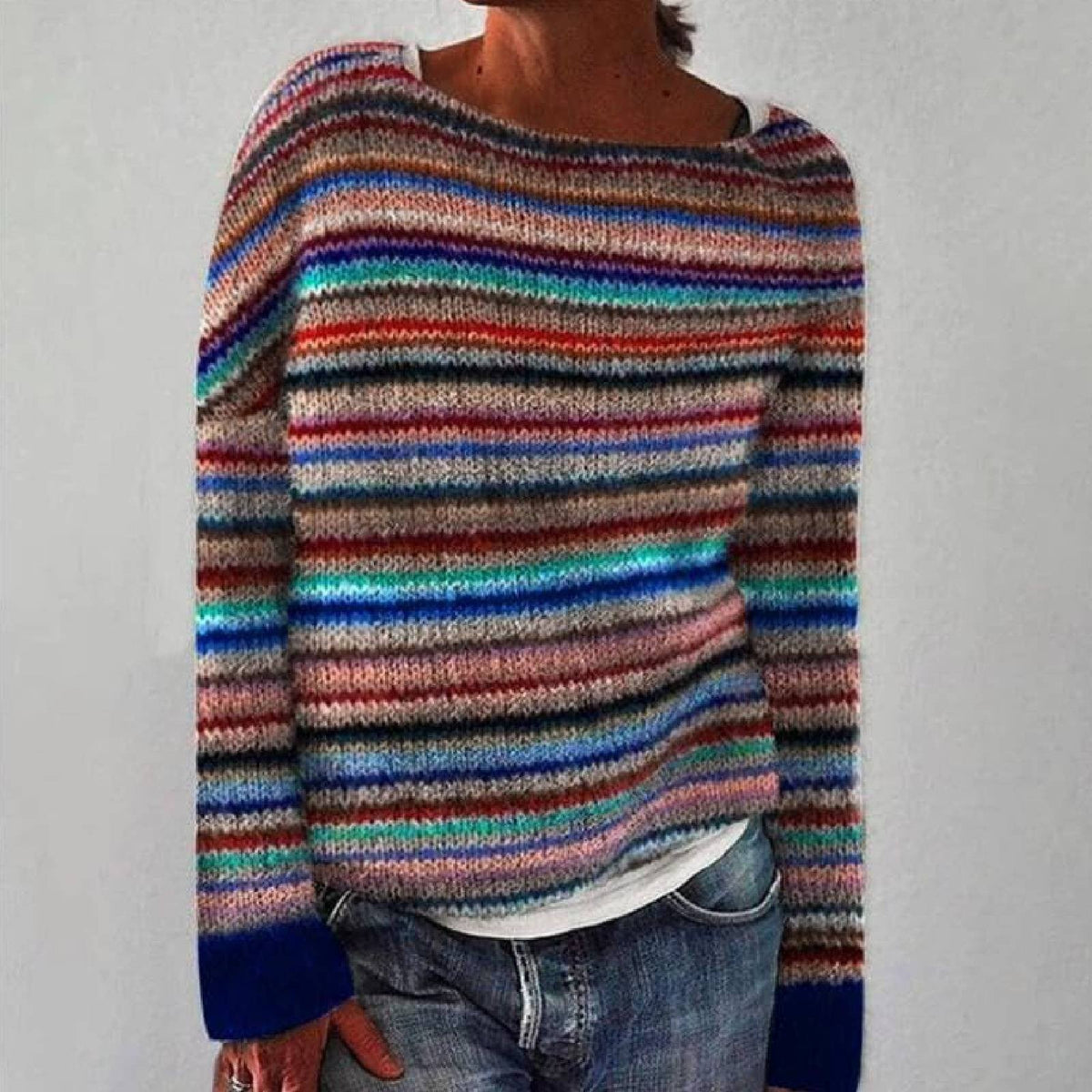 Striped Boat Neck Long Sleeve Knit Sweater