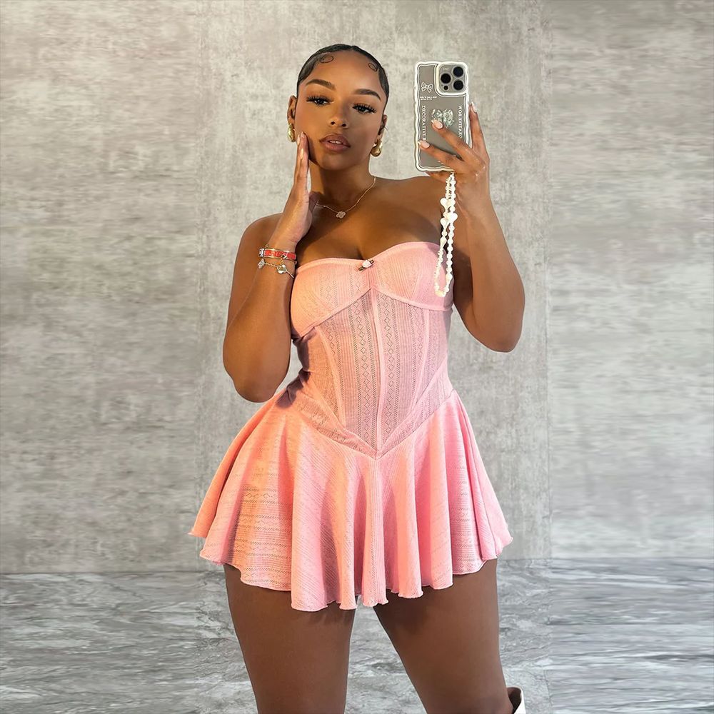 Strapless Sweetheart Corset Seam Textured Knit Fit and Flare Mini Dress