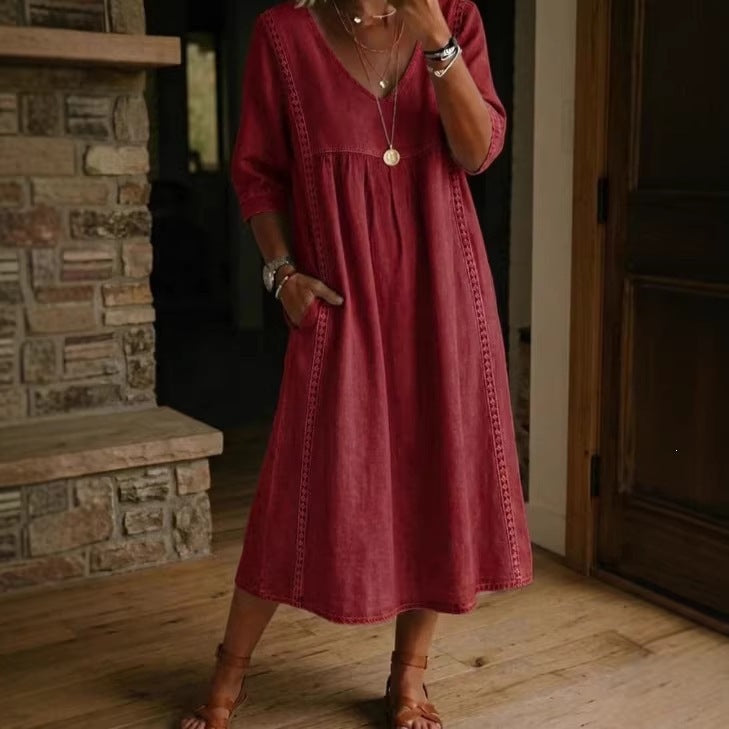 V-Neck Lace Trim Linen Pocket Midi Dress 3