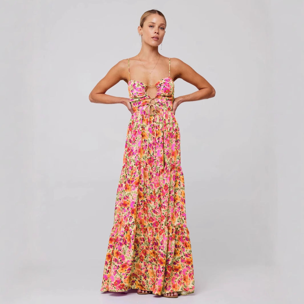 Floral Spaghetti Strap Cut Out Tiered Midi Dress 3