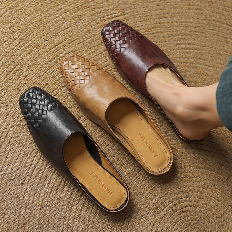 Square Toe Woven Detail Low Block Heel Mules
