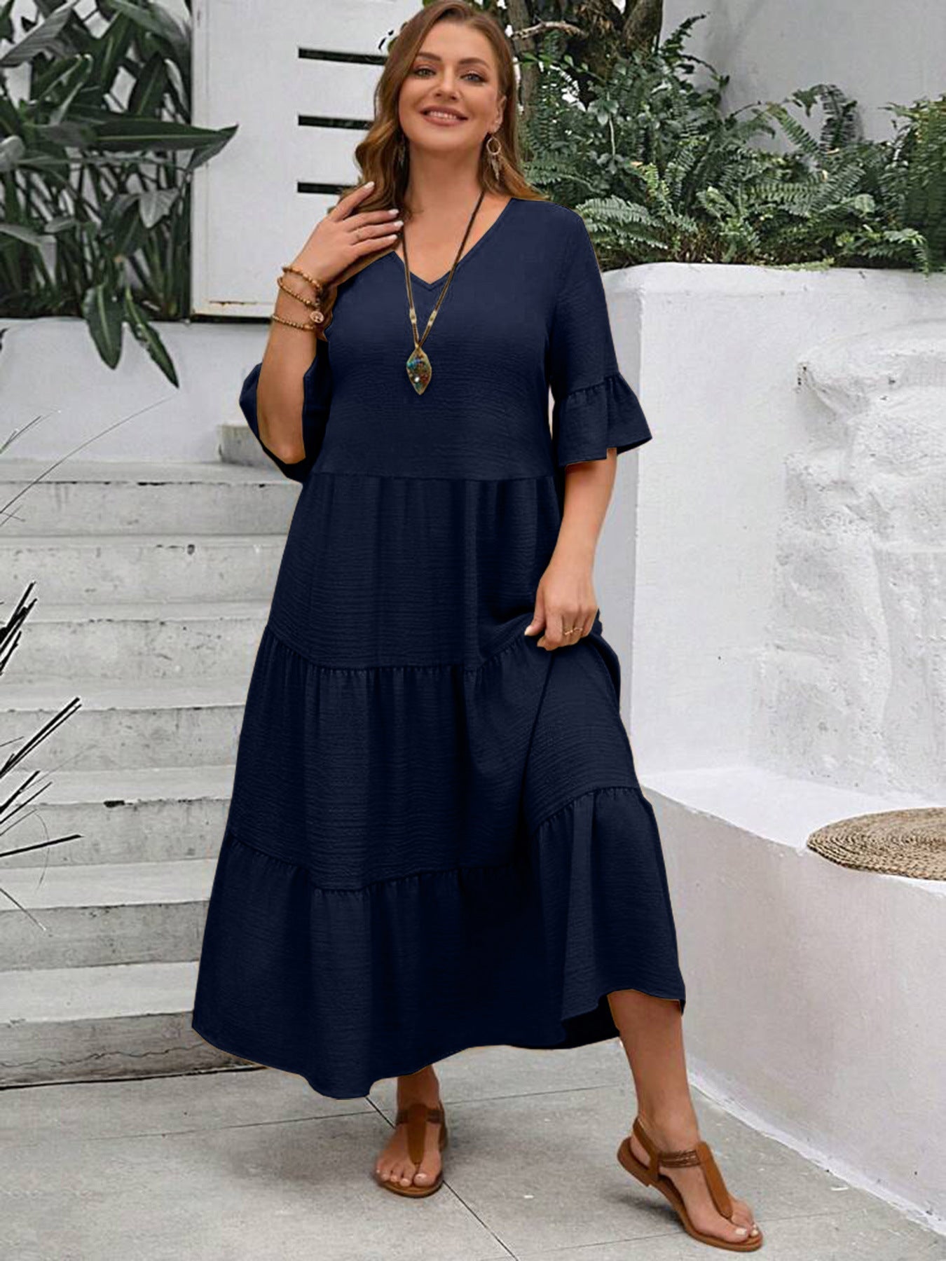 Serena - Graceful Flowy Dress Navy Blue