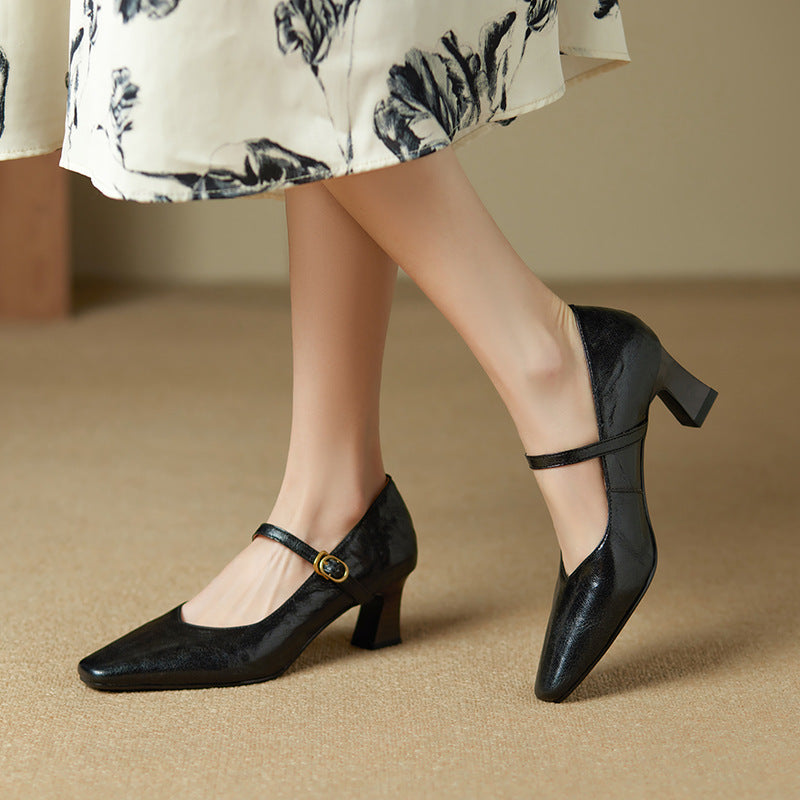 Buckle Strap Square Toe Block Heel Mary Jane Pumps