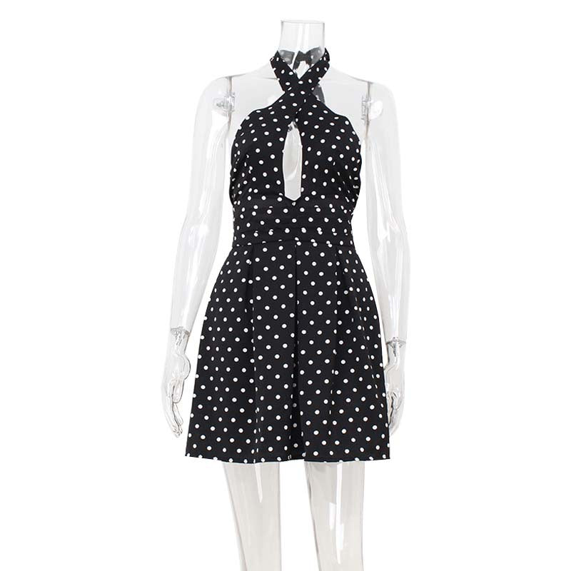 Polka Dot Halter Neck Crisscross Cut Out Fit and Flare Mini Dress 4