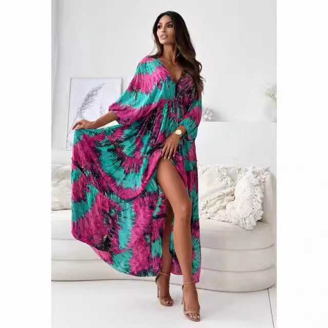 Tie Dye Print Deep V-Neck Batwing Sleeve High Split Maxi Dress 3