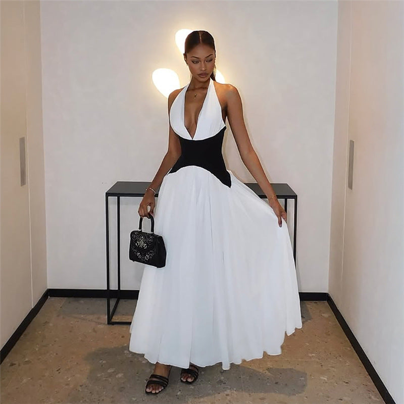 Summer Women Sexy Halter V neck Stitching Color Matching Waist Maxi Dress