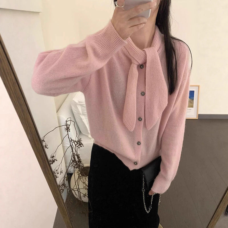 Tie-Neck Metal Button Knit Cardigan