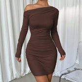 Off Shoulder Long Sleeve Ruched Bodycon Mini Dress