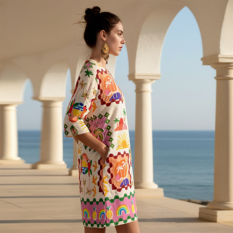 Loose Seaside Holiday Dress Printed V neck Midi Beach Dress