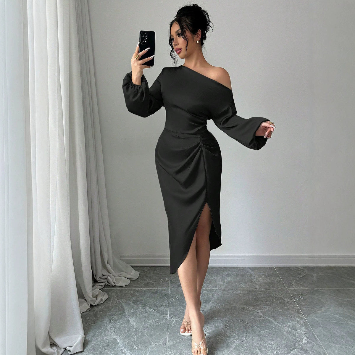 Satin One Shoulder Long Sleeve Ruched Wrap Slit Midi Dress