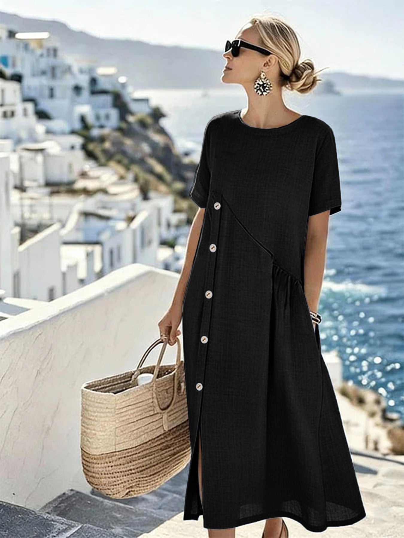 Crew Neck Short Sleeve Side Button Linen Midi Dress Summer 10