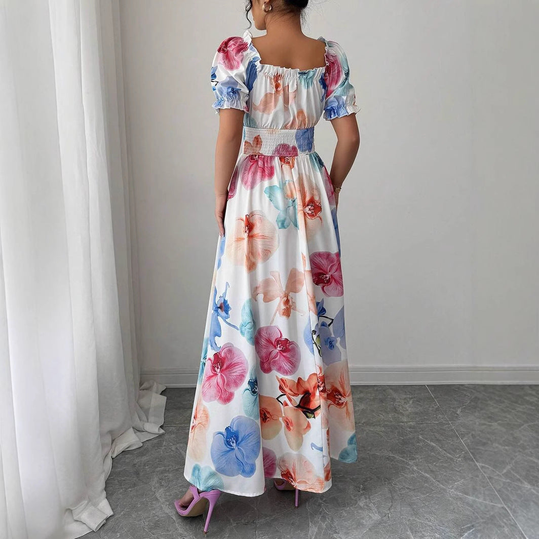 Floral Print Square Neck Puff Sleeve Smocked Waist A-Line Maxi Dress 2