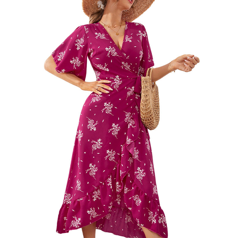 Floral Print Wrap V-Neck Flutter Sleeve Ruffle High Low Midi Dress 5