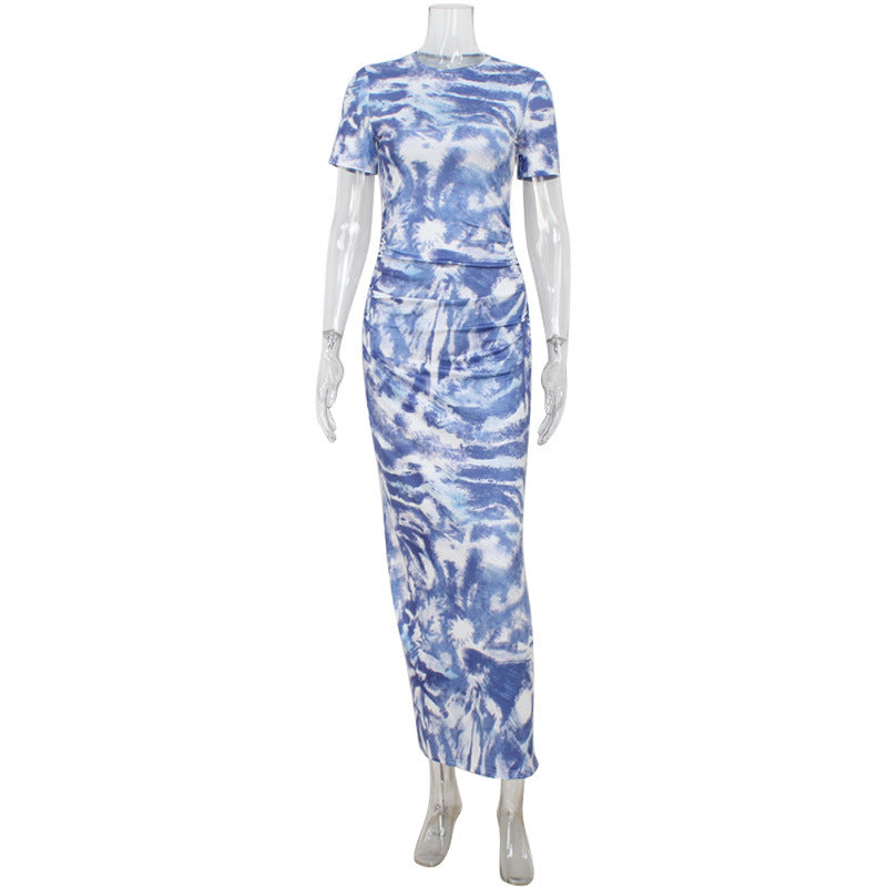 Tie Dye Crew Neck Short Sleeve Ruched Bodycon Maxi Dress 2