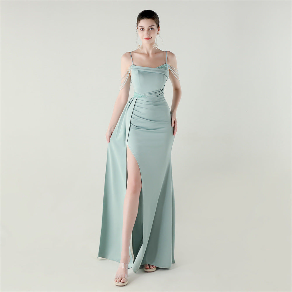Satin Beaded Chain Slim Fishtail High Slit Evening Dress Dinner Ceremony Activity Dress - FashionAxe