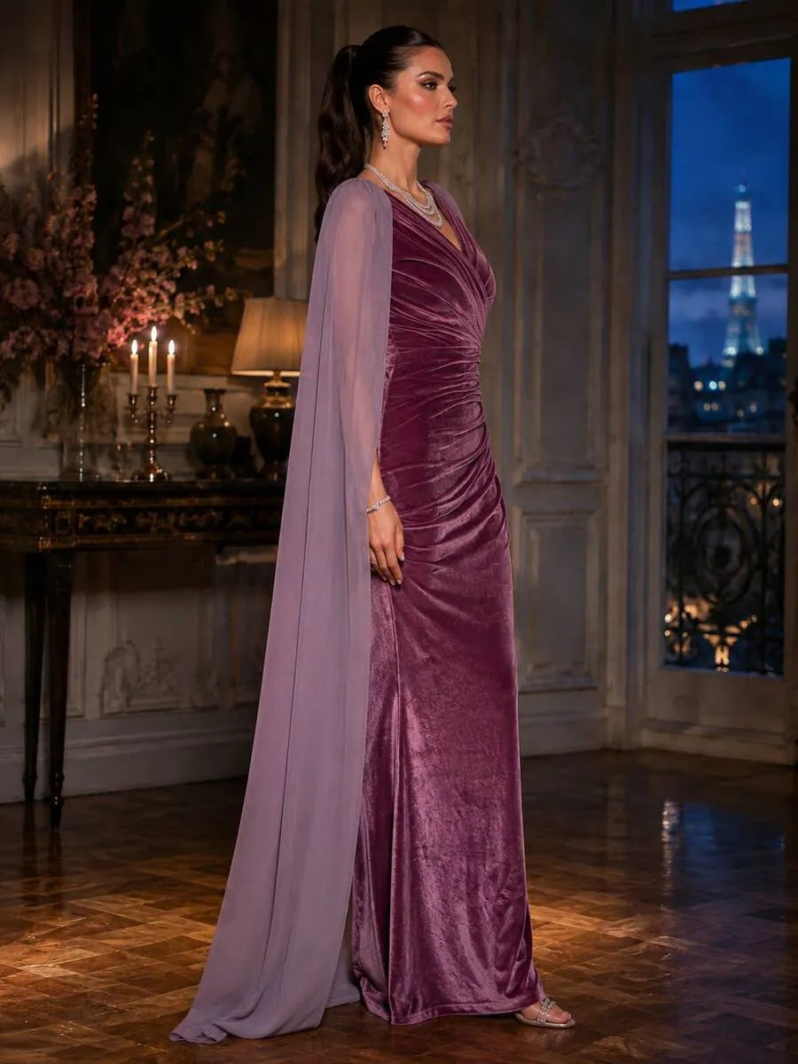 Velvet Pleated V neck Shawl Long Evening Dress Elegant Cocktail Dress
