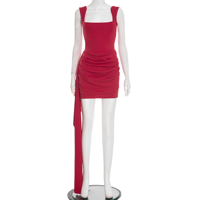 Square Neck Wide Strap Ruched Side Drape Bodycon Mini Dress 4