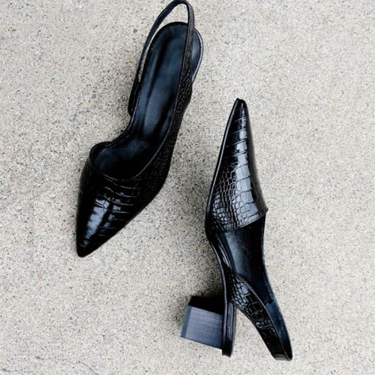 Pointed Toe Croc Look Block Heel Slingback Pumps