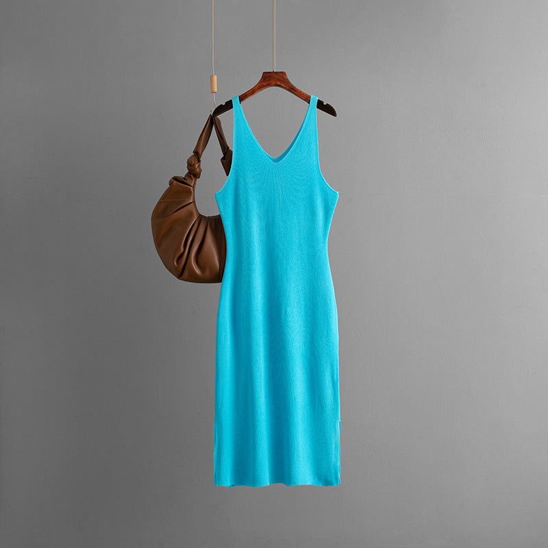 Ribbed Knit V-Neck Sleeveless Side Slit Bodycon Midi Dress 6
