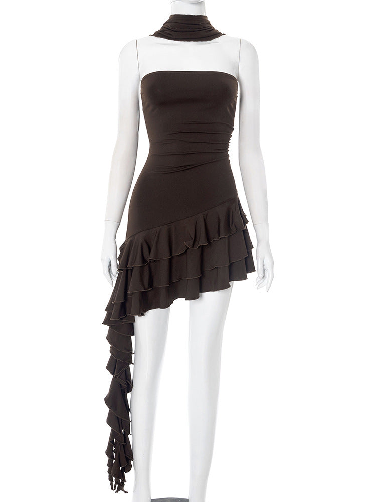 Strapless Neck Scarf Ruched Asymmetric Ruffle Tiered Mini Dress 4