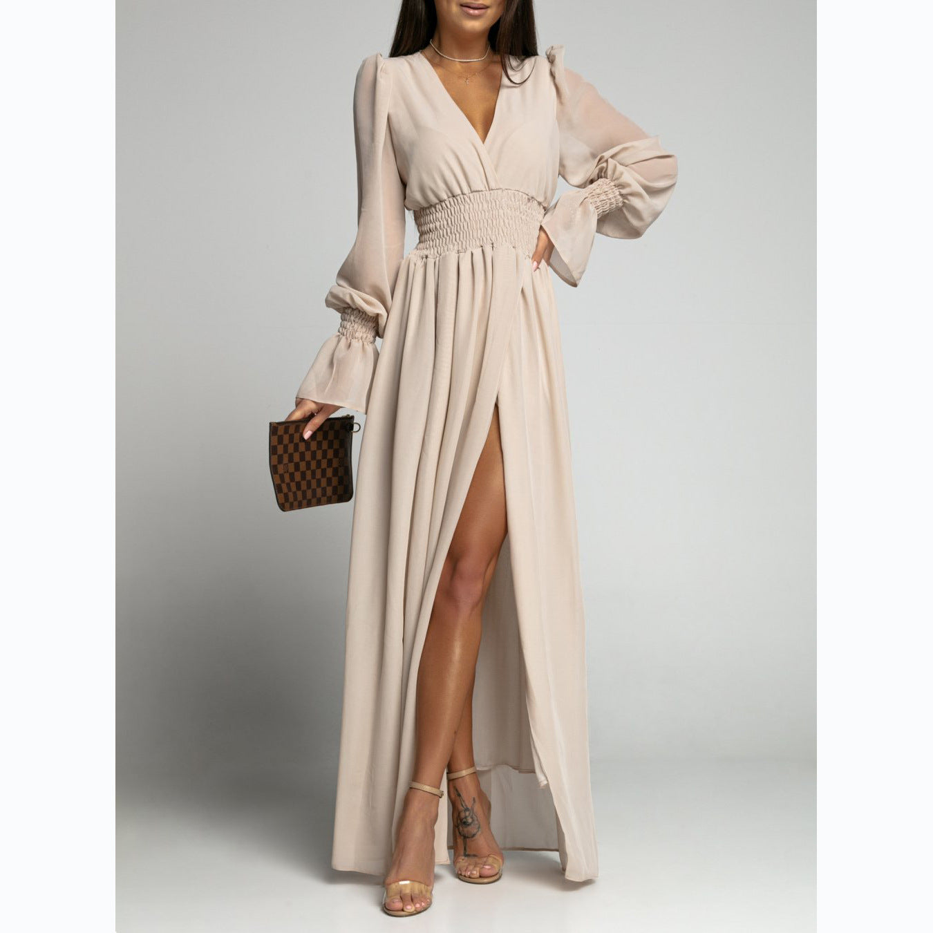 Waist - Tight Petal Sleeve Chiffon Dress