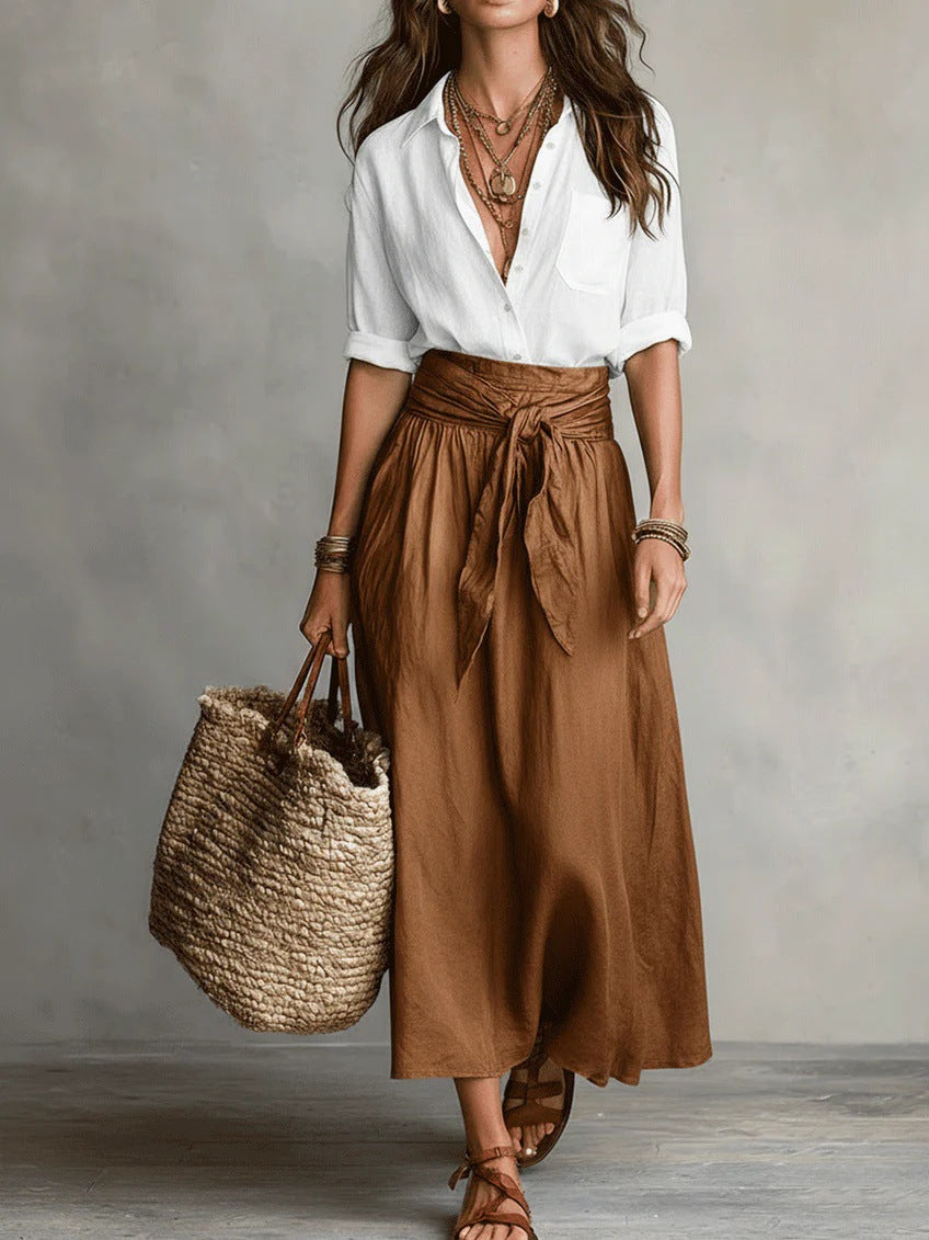 Button Front Shirt and Tie Waist Maxi Skirt Two Piece Set