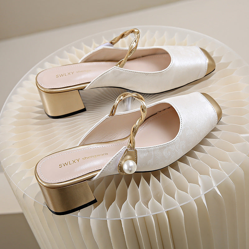 Square Toe Pearl Strap Block Heel Mules
