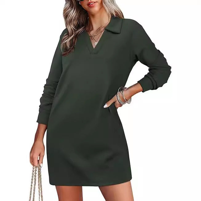 Collared V-Neck Long Sleeve Sweatshirt Mini Dress