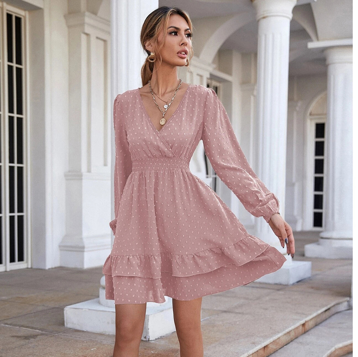 Swiss Dot Surplice V-Neck Long Sleeve Shirred Waist Tiered Ruffle Mini Dress 2