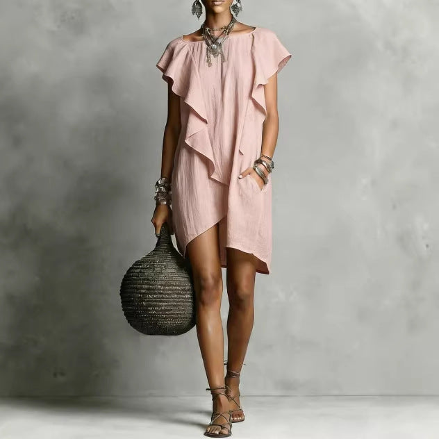 Short Sleeve Ruffle Asymmetric Mini Dress