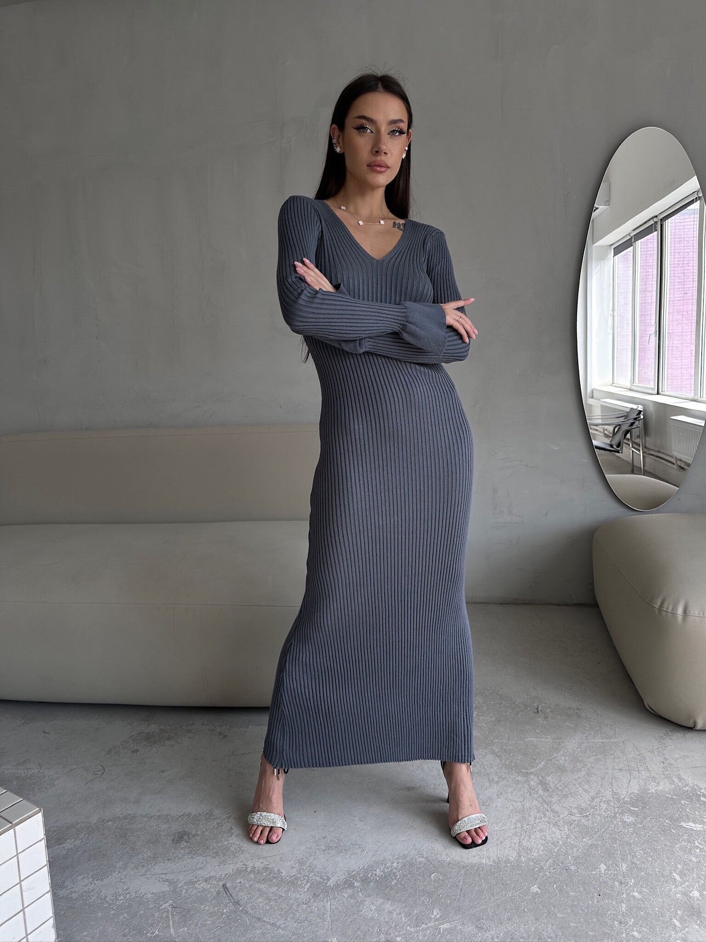 Long Sleeve V neck Tight Knitted Dress Solid Color Rib Fabric Wool Long Dress