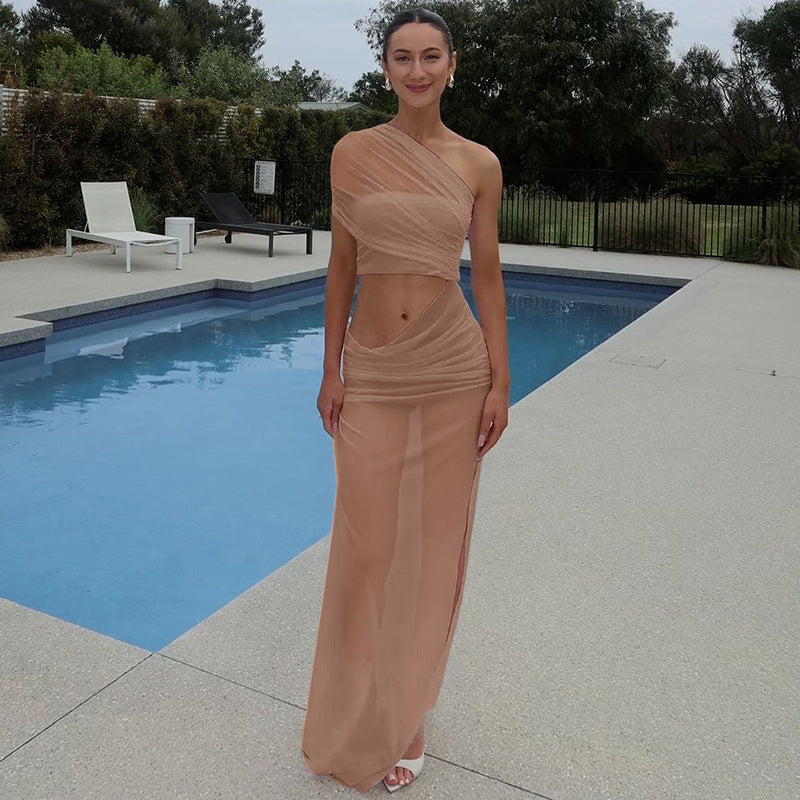 Sheer Mesh One Shoulder Ruched Cut Out High Split Maxi Dress 4