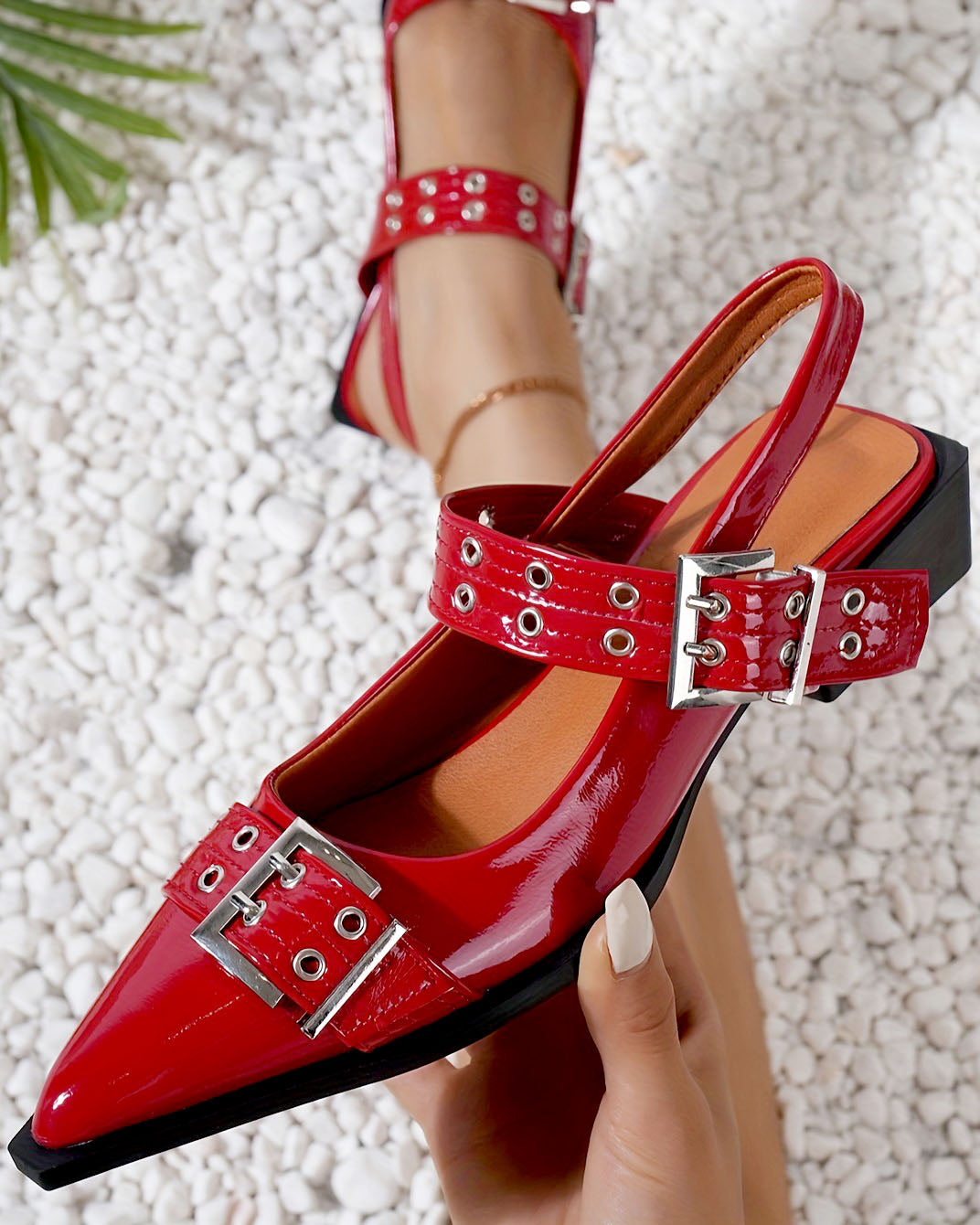 Gothic style metal buckle low block heel sandals