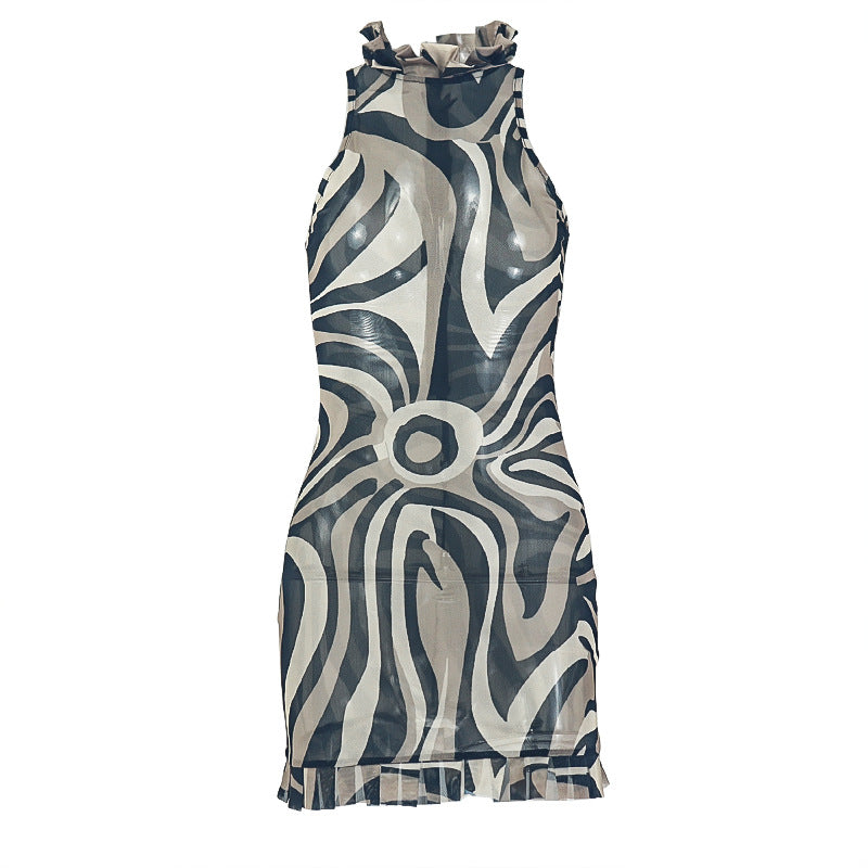 Women Streetwear Printed round Neck Party Hip Black Pattern Waist Trimming Short Dress
