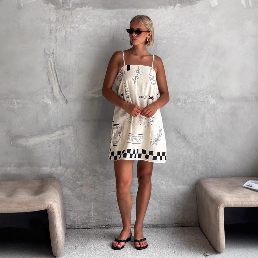 Graphic Print Straight Neck Spaghetti Strap Checkered Hem Shift Mini Dress