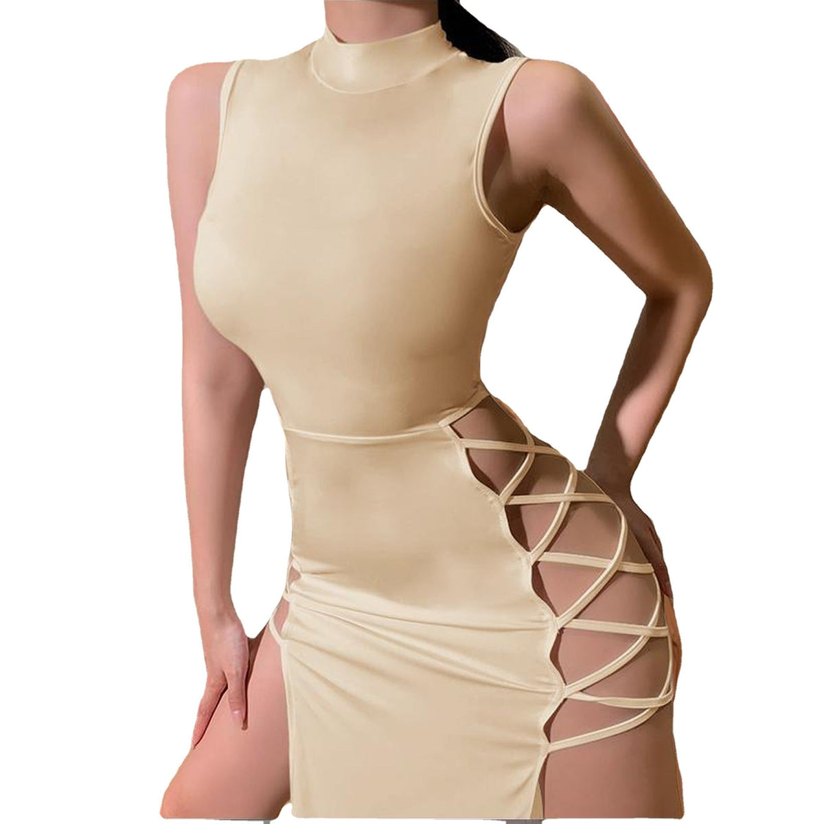 Mock Neck Sleeveless Lace Up Side Cut Out High Split Maxi Dress 5