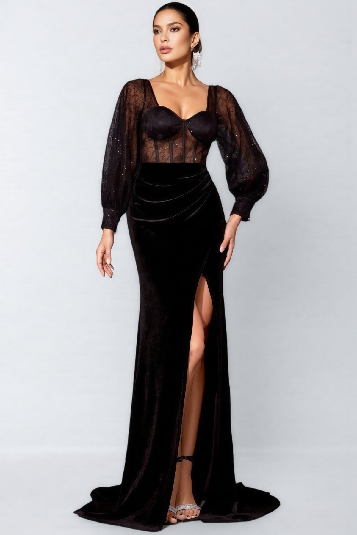 Velvet Sheer Lace Balloon Sleeve Corset High Split Maxi Gown