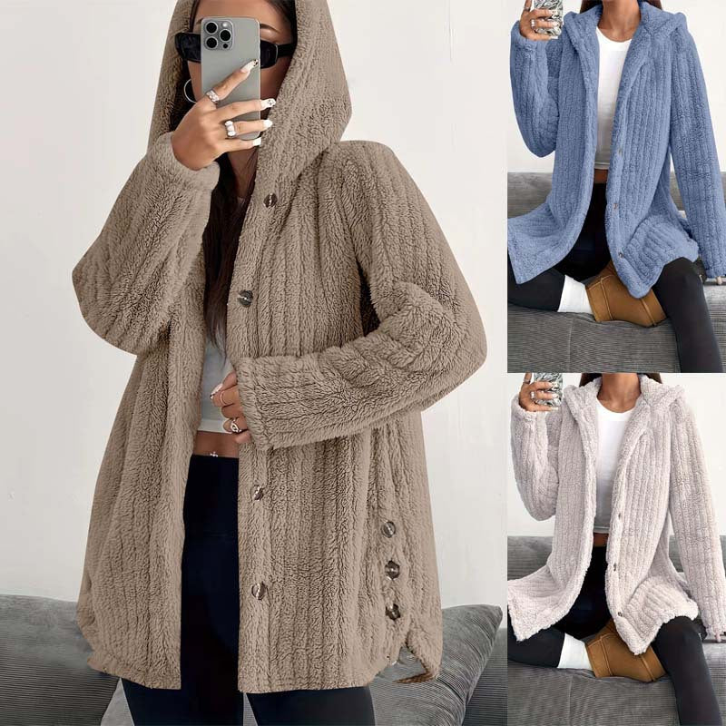 Hooded Button Front Fleece Cardigan Coat