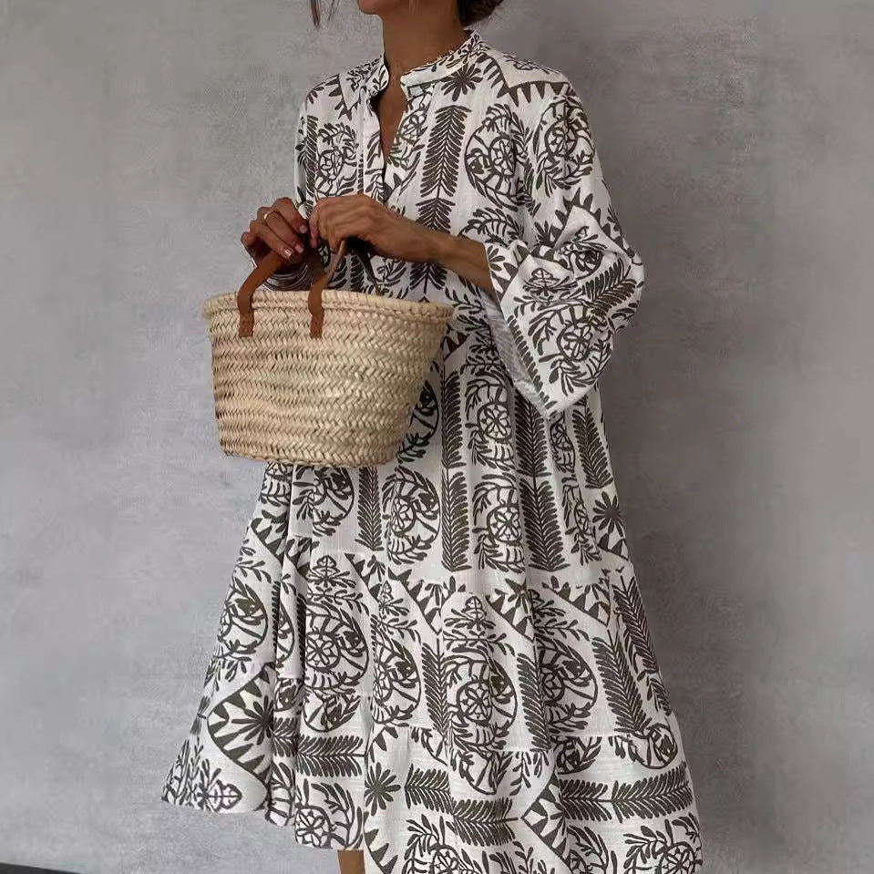 Ethnic Print Band Collar Balloon Sleeve Tiered Smock Midi Dress